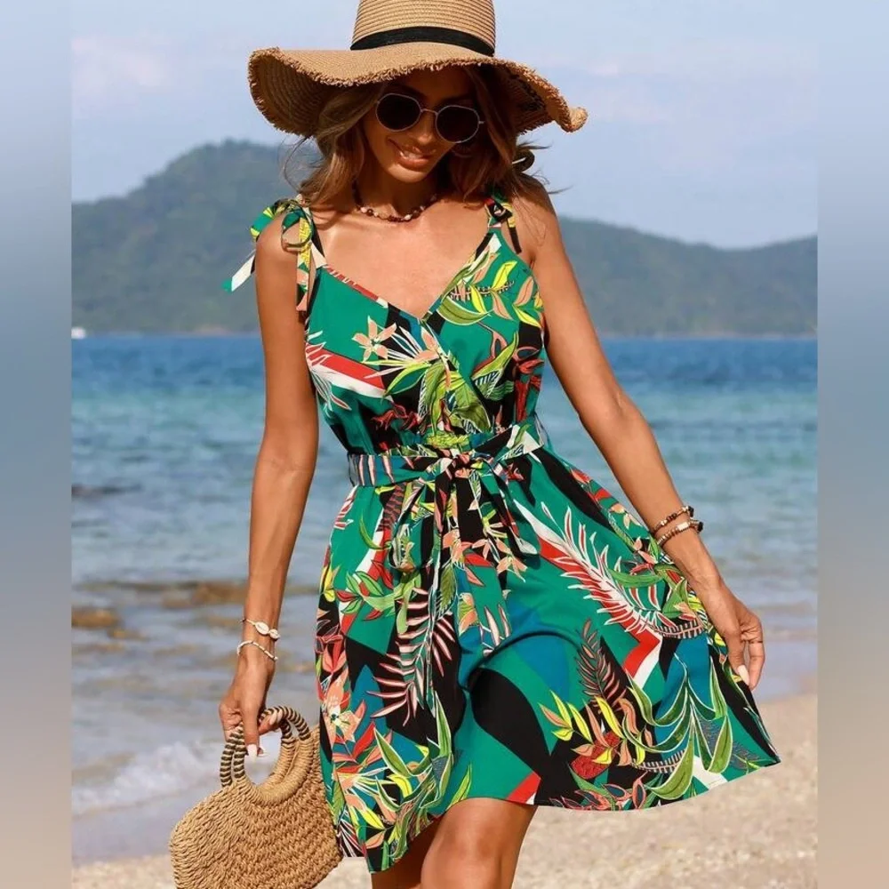SHEIN VCAY Vacation Tropical Printed Spaghetti Strap Dress Size Large - Picture 5 of 13